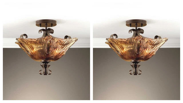 Two Vetraio Hand Made Glass Bronze Wrought Iron Ceiling Mount Light Chandelier