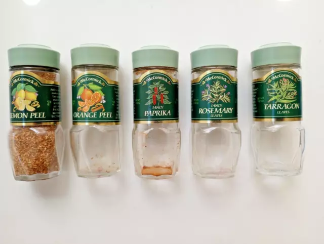 Vintage Mccormick Spice Bottles Light Green Lids Dark Green Labels 5 Jars  Used 