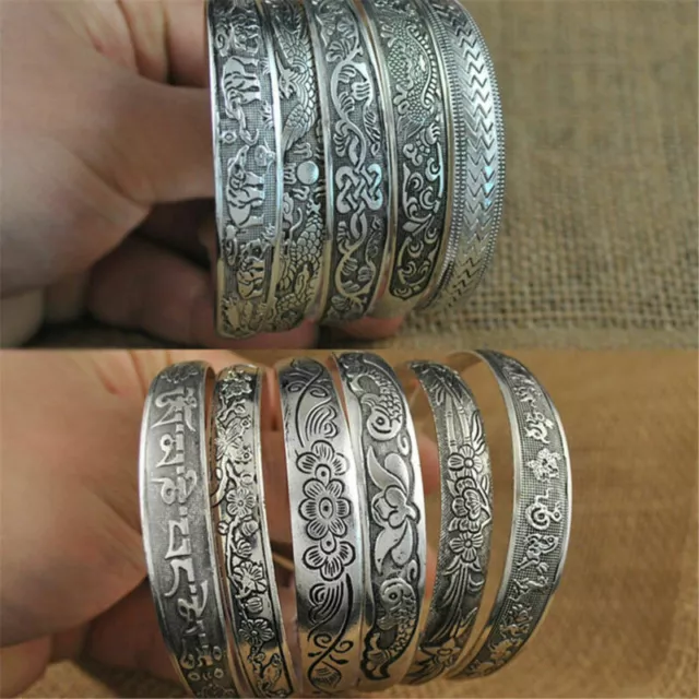 Vintage Opening Elephant Tibetan Tibet Silver Totem Carved Bangle Cuff Bracelet