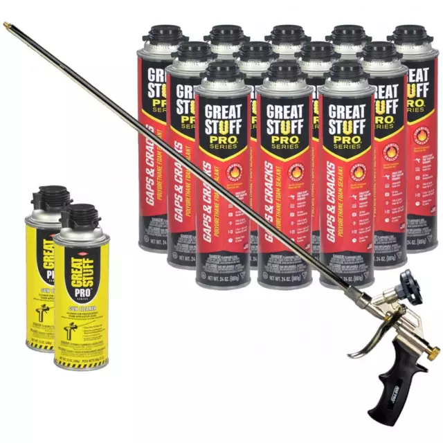 Great Stuff Pro Gaps & Cracks Foam 12 cans, 2 ft Pro Foam Gun, 2 Cans Cleaner