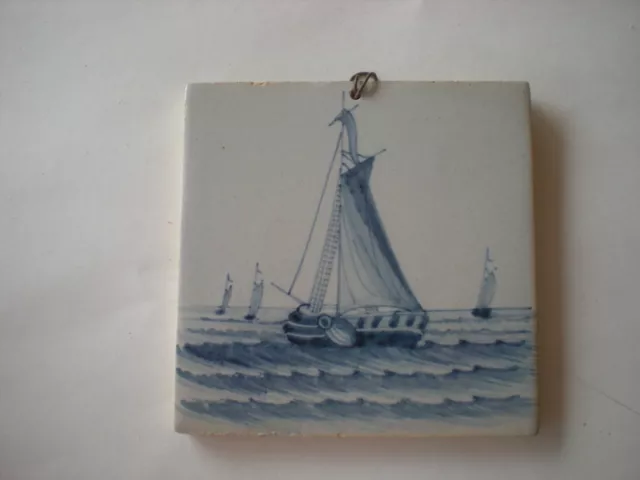 Antique Vintage Makkum Delft Dutch Tile of Ships Roaming at Sea original