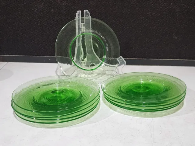 SET OF 9- Uranium Optic Swirl Green Vaseline Depression Glass 6.5" BREAD Plates
