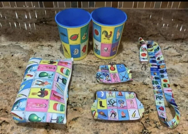 (6) Mexican Loteria Characters Bingo Items Cups, Coin Purses, Lanyard, Etc..