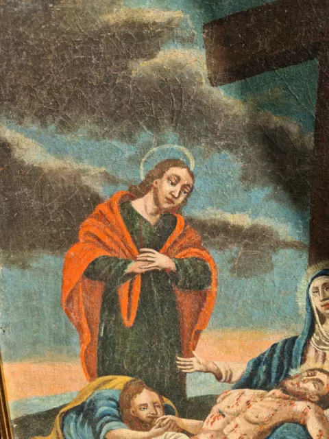 Antico dipinto olio su tela fine 1700 - Deposizione di Cristo 3