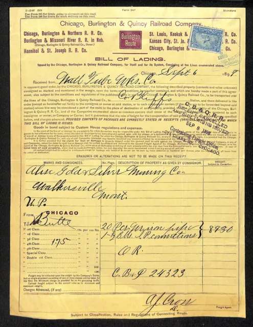 Chicago, Burlington & Quincy R.R.CBQ 1898 Bill of Lading Rev Stamp Alice Gold