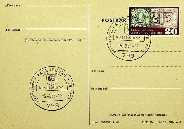Deutschland 1965 125th Jahrestag Von Deutsche Post 20pf Auf Ravesnburg Expo