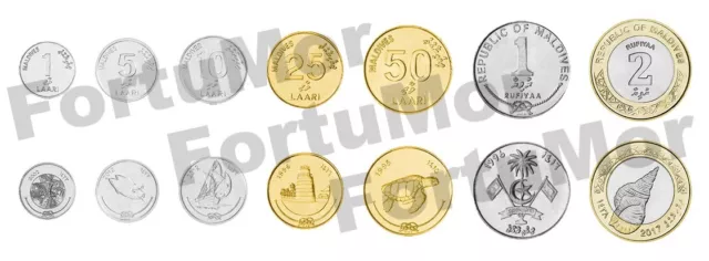 Maldives 7 Coins SET, 1 5 10 25 50 Laari 1 2 Rufiyaa 2008 to 2017, UNC, BIMETAL