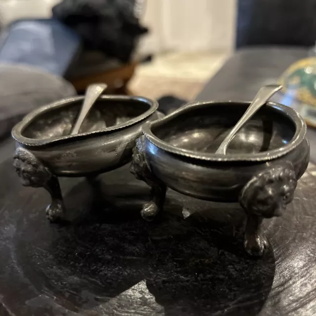 Pair Of Antique 1850-90 Pewter Salts w/ Lion& Claw&ball Feet