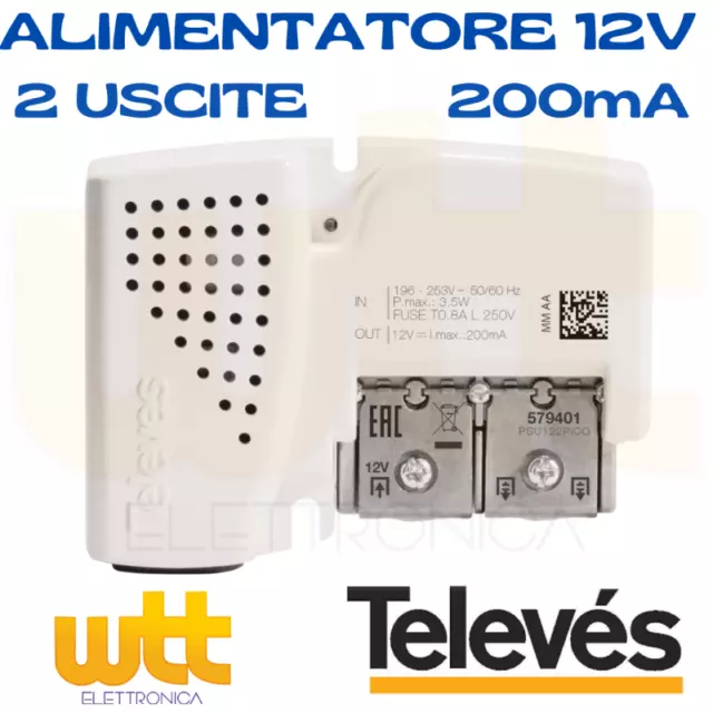 ALIMENTATORE PER ANTENNA AMPLIFICATORE TV DIGITALE TERRESTRE 2 USCITE 12V 200mA