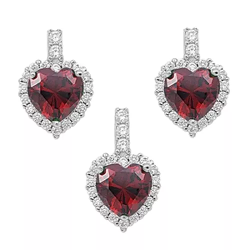 Silver Pendant & Stud Earrings Heart Shape Simulated Garnets & Cubic Zirconia