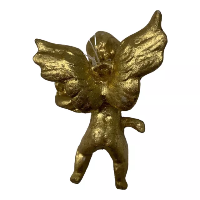 VTG Gold Tone Cherub Musician Angel Christmas Ornament Figurine Playing Harp 3” 3