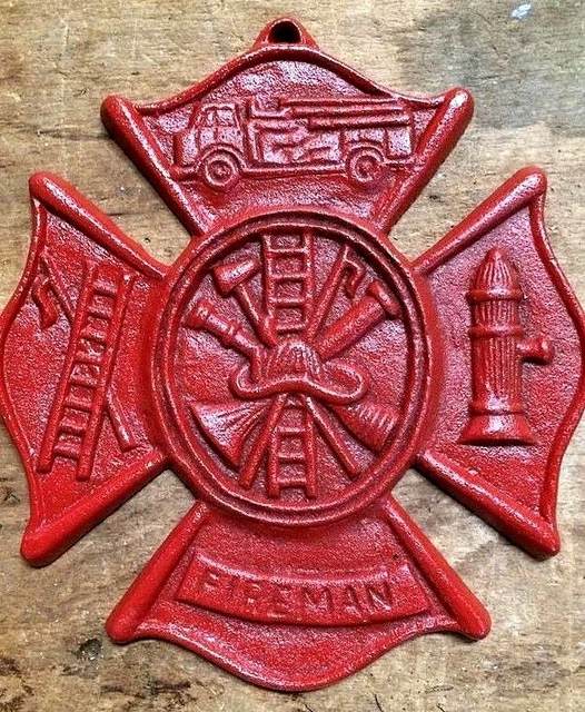 Red Fireman Plaque Maltese Firefighter Cross, cast iron sign 8 x 9 inches RED