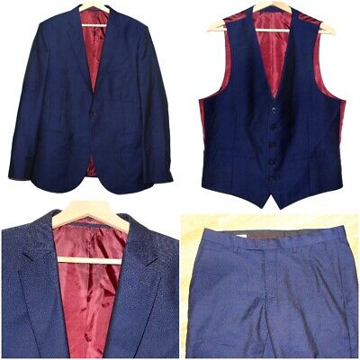 Moss Bros 3-Piece Skinny Fit Suit Navy Blue Jacket & Waistcoat 44R Trousers 34R