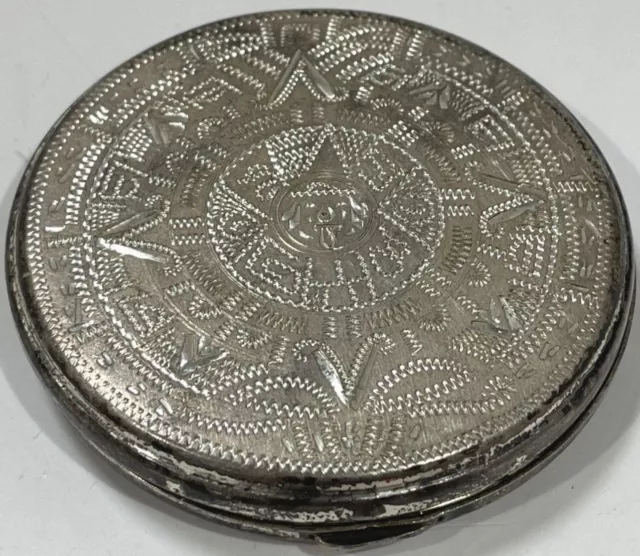 Vintage Mexico Signed Mayan Calendar 900-925 Sterling Silver Compact 76 Grams