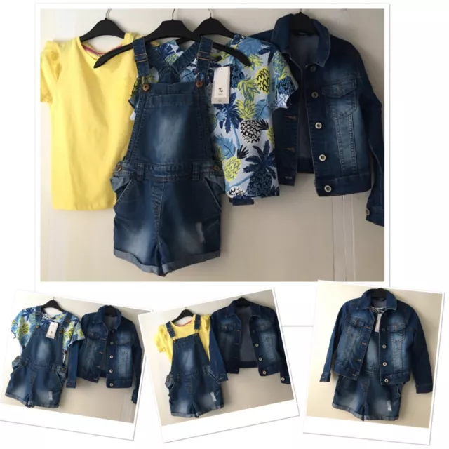 TU girls denim shorts dungarees & George jacket exc u & new TU nutmeg tops 6-7 y