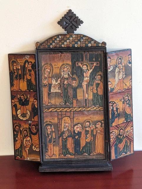 Antique Ethiopian Orthodox Coptic Church Hand Carved  Wood Altar Biblical Icons