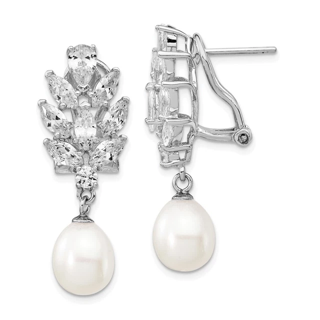 Sterling Silver Rhodium-plated Teardrop Pearl Marquise-cut & CZ Dangle Earrings