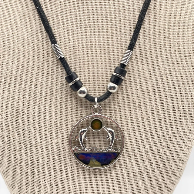 Pendant Necklace Silver tone Multicolor Dolphin Ocean Round Costume Jewelry 16"