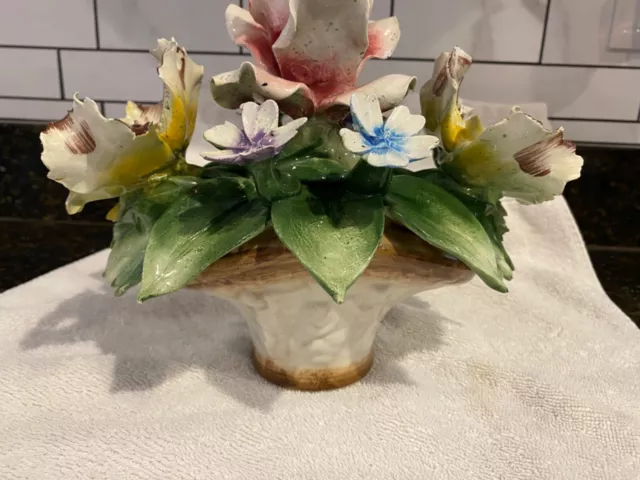 vintage capodimonte italian Majolica Flower Arrangement Inpot Rose And Iris