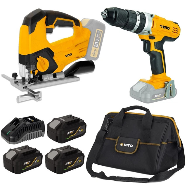 Pack 2 outils sans fil 20V Scie sauteuse Perceuse/visseuse 3 batteries lithium 4