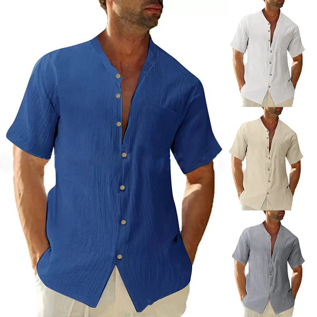 Camicia estiva uomo casual button down manica corta spiaggia lino cotone ~ C8