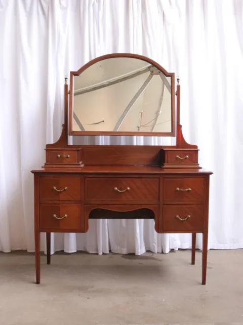 1910s Antique English Sheraton Mahogany inlaid Vanity desk mirror Dressing Table
