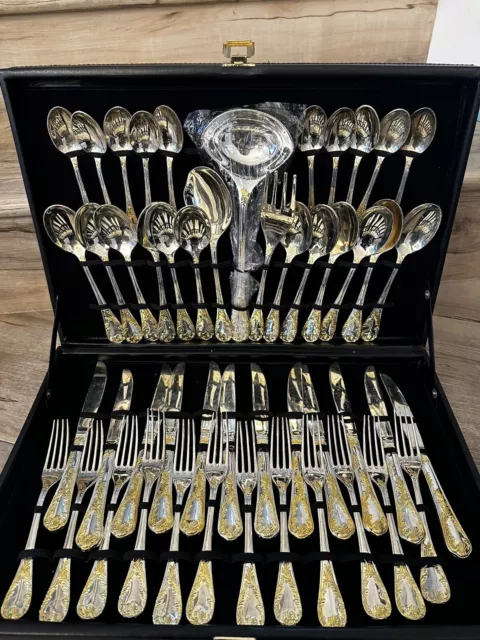 Vintage silverware set for 12, gold and stainless steel