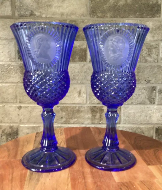 Vintage Fostoria 8" Cobalt Blue George and Martha Washington Goblets 1976 Avon