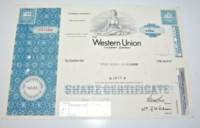 Vintage Western Union 50 Share Certificate dated 1969 FREE SHIPPING