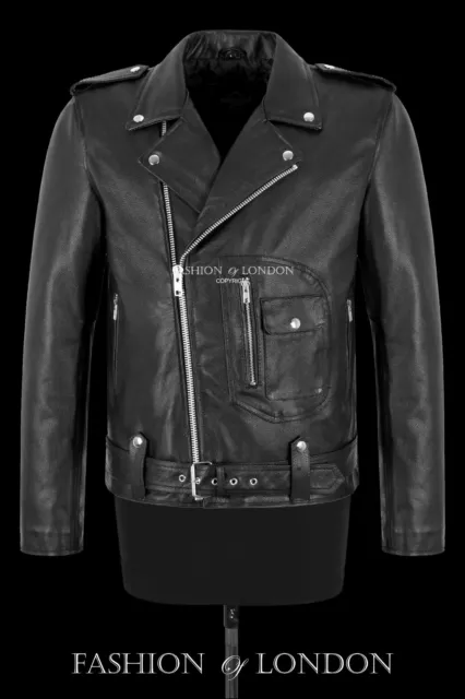 Mens Brando Fashion Leather Jacket Biker Style Cowhide Retro Riding Jacket Aster