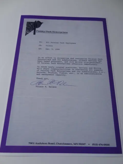Prince Rogers Nelson Musician 1990 Paisley Park Letter Signed Pre-Print A4 Print