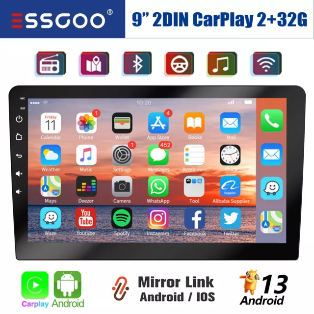 9" 2+32G Double DIN Android 13 CarPlay Car Stereo Radio IPS Screen Head Unit GPS