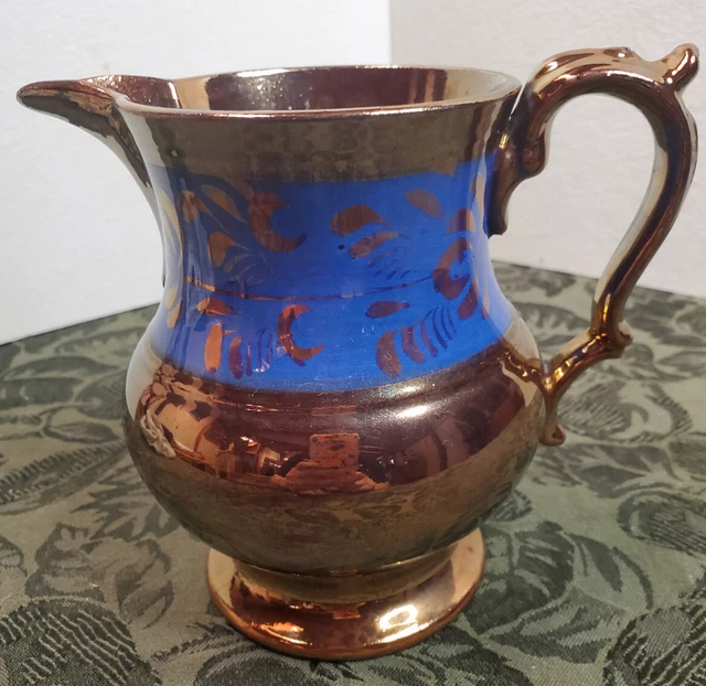  Lusterware Pitcher Blue Band Raised Enamel 16 oz  Antique 19th C England Copper