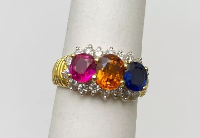 Fabulous Modern Multi Color Natural Sapphire, Ruby & Diamond Ring 18kt YG Estate