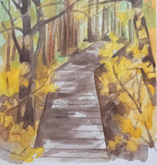 Autumn Boardwalk Original Watercolor Painting Golden Yellow Aspen Trees Nature