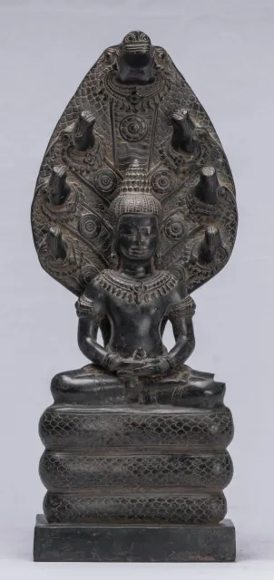 Antique Bayon Style Khmer Seated Bronze Naga Meditation Buddha - 43cm/17"
