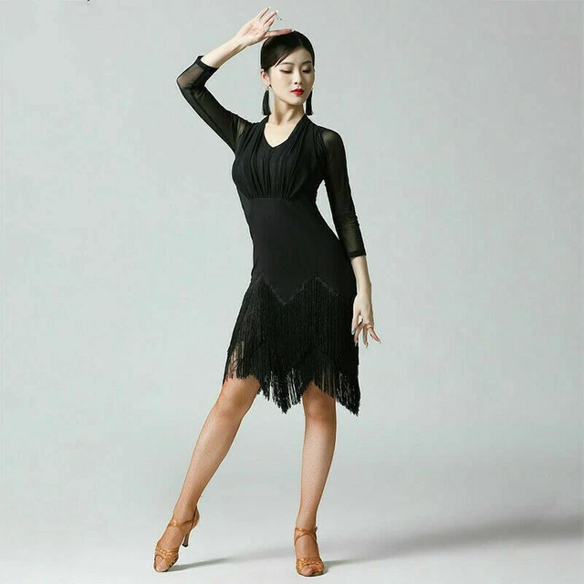 Femme Latin Robe Danse Gland Salsa Tango Bal Déguisement Rumba Noir Sexy