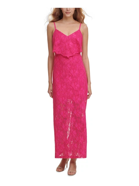 GUESS Womens Pink Stretch Slitted Lace Popover Floral Maxi Shift Dress 8