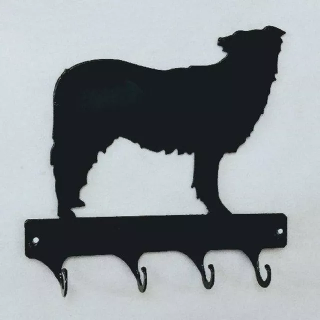 Border Collie 4 Hook Leash Key Holder Black Wrought Iron Look Made in USA