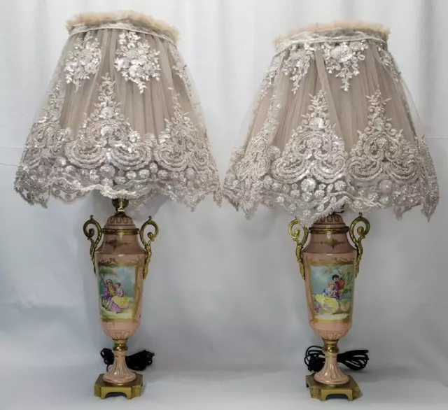 Pair of Antique 1920's French Victorian Era Hand Painted Porcelain Table Lamps