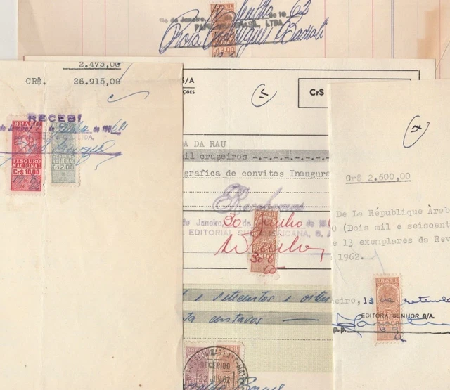 BRAZIL-EGYPT Multi Colored & Values revenues Tied 5 Receipts & Letters 1962