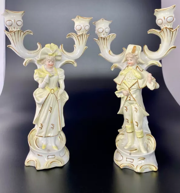 Antique Baroque Porcelain Candlesticks Candelabra with Figurines - Man and Woman