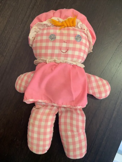 Vintage 1975 Fisher Price Lolly Doll Rattle Pink Gingham Lovey Plush Toy #420