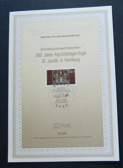 BRD 1989 Ersttagsblatt 300 Jahre Arp-Schnittger-Orgel St. Jacobi Hamburg Mi.1441