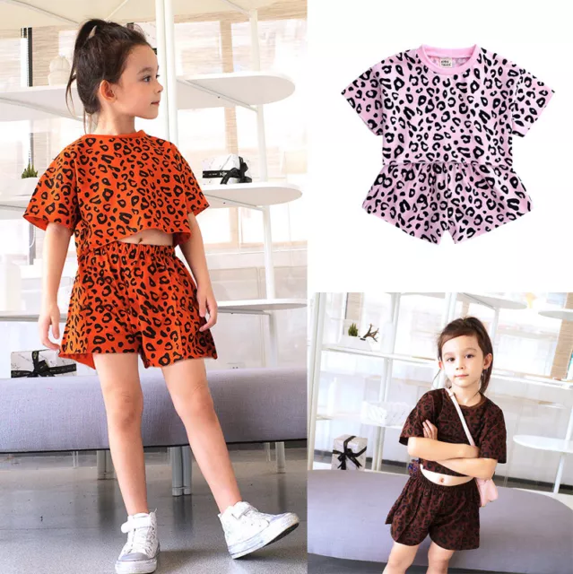2PCS Toddler Kids Baby Girls Leopard Clothes T-shirt Tops Shorts Outfits Set