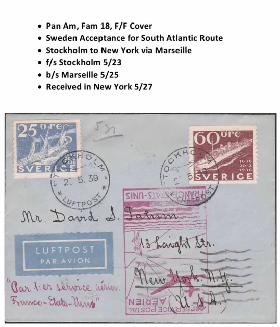 Sweden First Flight Cover Pan Am Stockholm to New York via Marseille 1939