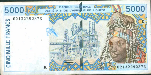 West African States 5000 Francs. Vf+. Letter K