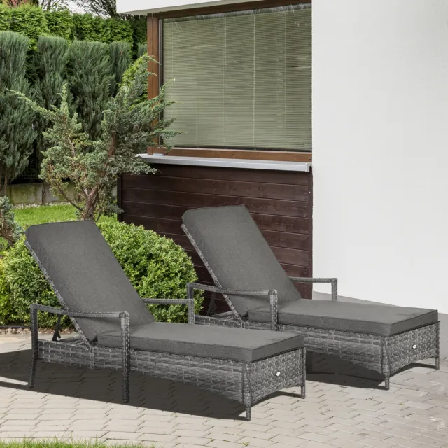 Rattan Sun Loungers set of 2 w/ Cushion, 4-Level Recliner Garden Furniture, Grey