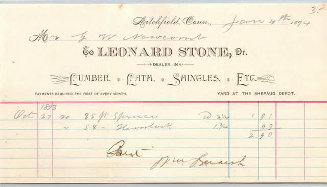 Litchfield, Conn 1874 Letterhead - Leonard Stone Lumber Lath Shingles Shepaug
