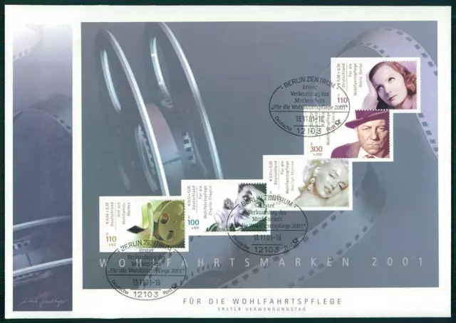 BRD FDC 2001 WOHLFAHRT SCHAUSPIELER CHARLIE CHAPILN MONROE GRETEA GARBO ua36